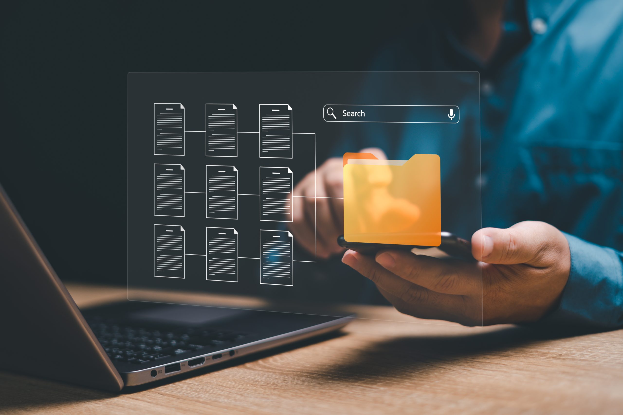 Document management and network system concept, Businessman use smartphone search for documents in online archives ,Document management Storage and technology on digital document paperless operation