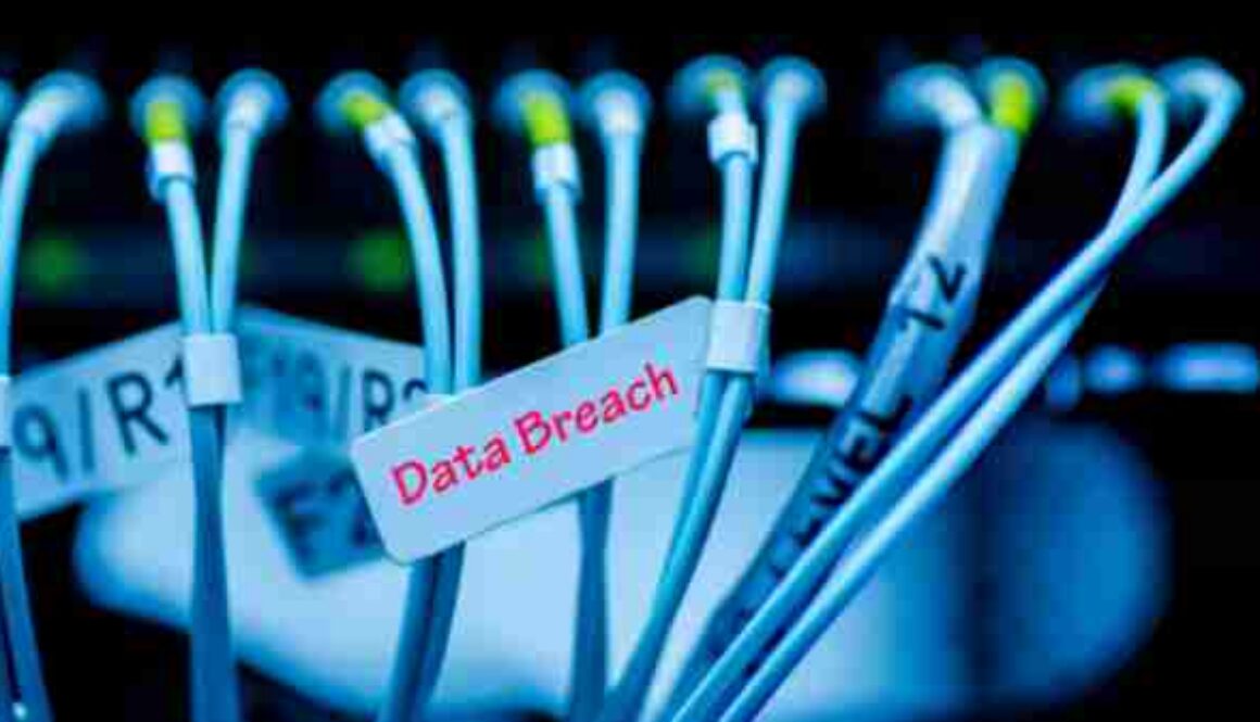 Photo of computer cables with label Data Breach in red